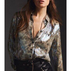 Pilcro Shrunken Sequin Blouse Shirt Top Button Down Size Medium M Gray